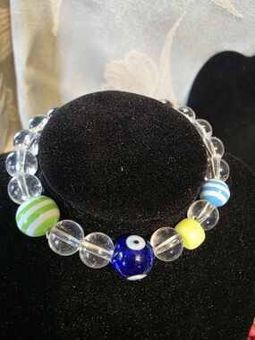 #111 Clear Beaded Bracelet with Blue Evil Eye and Multicolor Accent Beads
